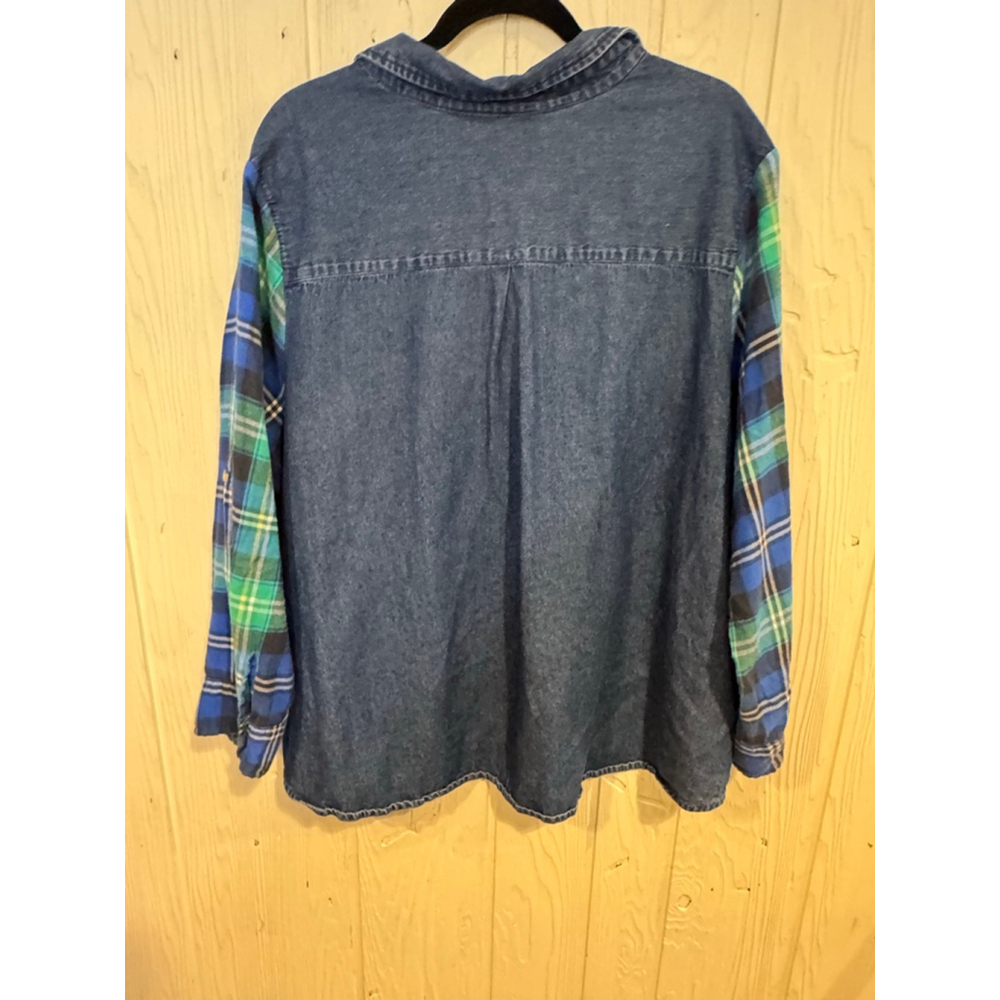 Women's Country Store Plus 2X Blue Denim Plaid Sleeve Button Down Shirt - Picture 7 of 11